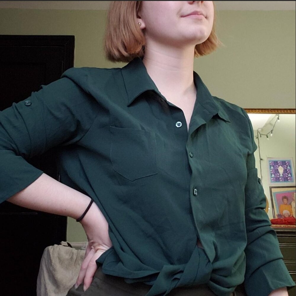 Sophisticated forest green button up top!
